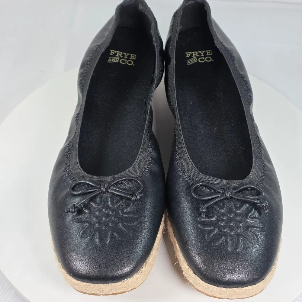 Frye and Co Willow‎ Black Espadrille Ballet Flats Floral Embossed Bow 9.5M